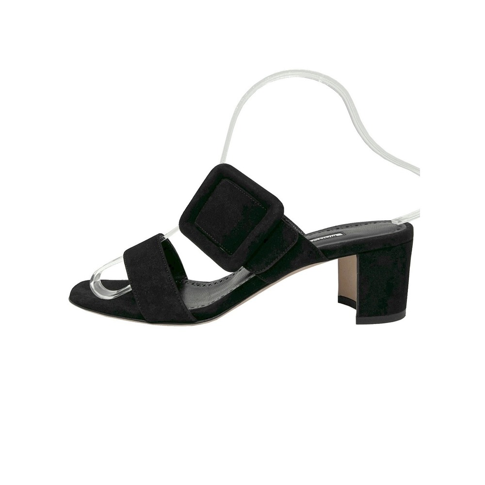 Manolo Blahnik Black Suede Buckle Mules‎ Block Heel 50mm 38